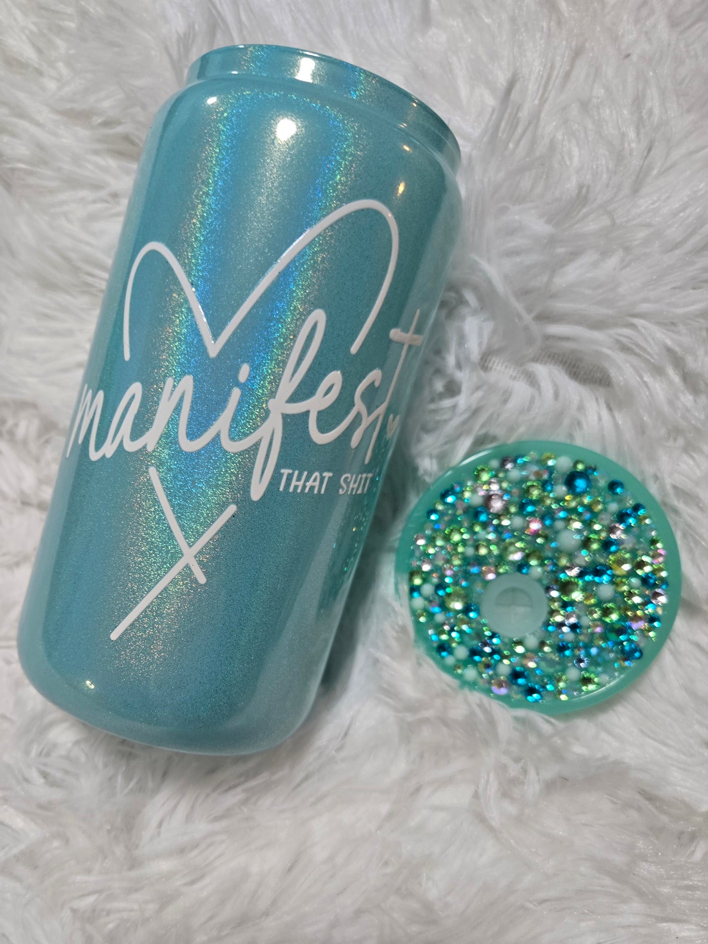 16 Oz Aqua holo mini with Rhinestone