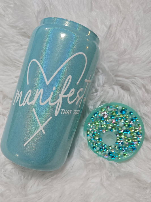 16 Oz Aqua holo mini with Rhinestone